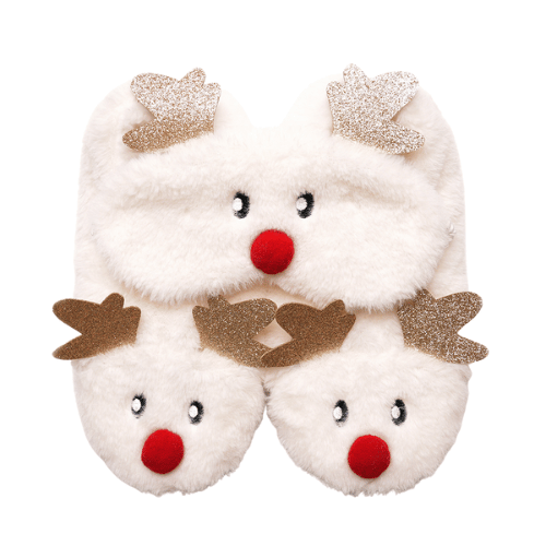 Ladies Christmas reindeer faux fur slippers with 3D sleep mask