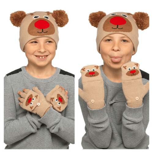 Kids Rudolph design hat and mitten set