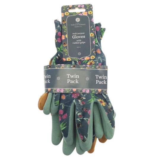 Twin pack multipurpose gardening gloves with grippers - meadow bee