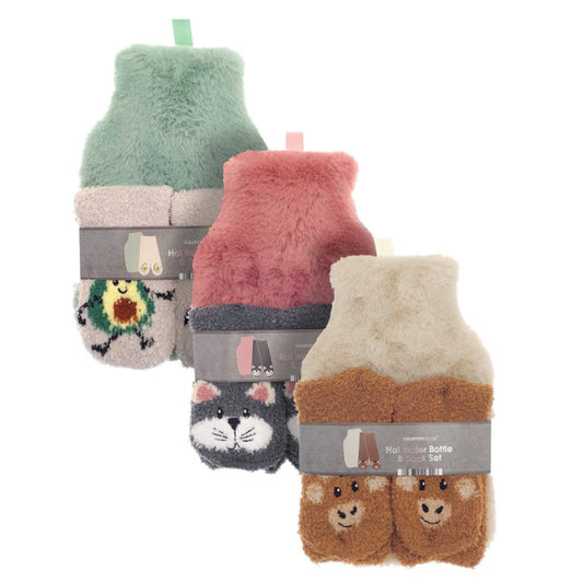 Hot water bottle with cosy socks gift set.