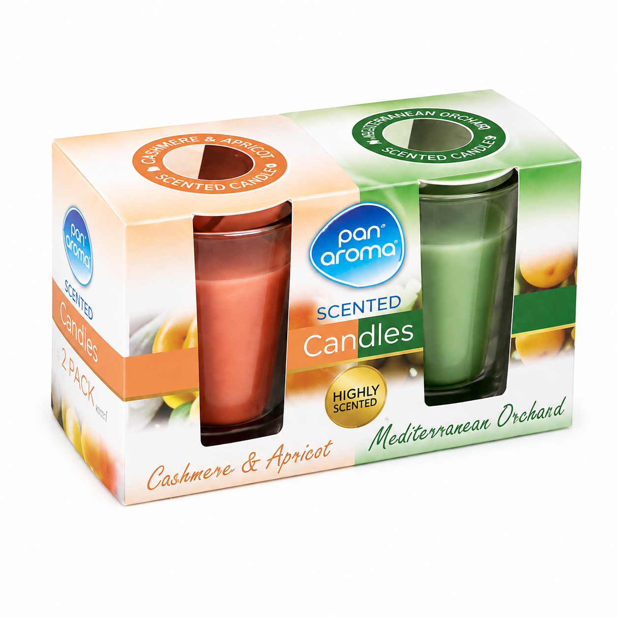 Pan Aroma glass candles 2 pack - cashmere/apricot & Mediterranean orchard