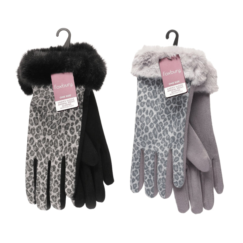 Ladies suede animal print gloves with fur cuff.