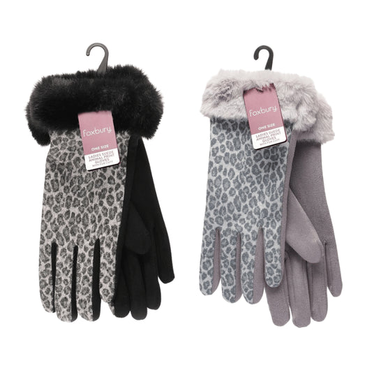 Ladies suede animal print gloves with fur cuff.