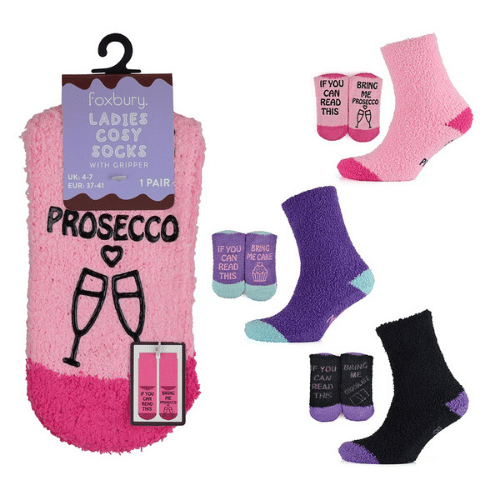 Ladies slogan cosy socks with grippers.