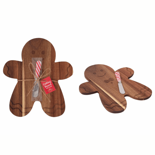 Wooden gingerbread man cutting board and knife.