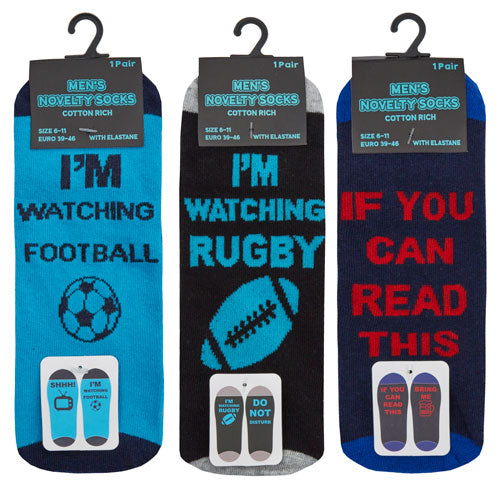 Slogan novelty socks - football, beer and rugby.