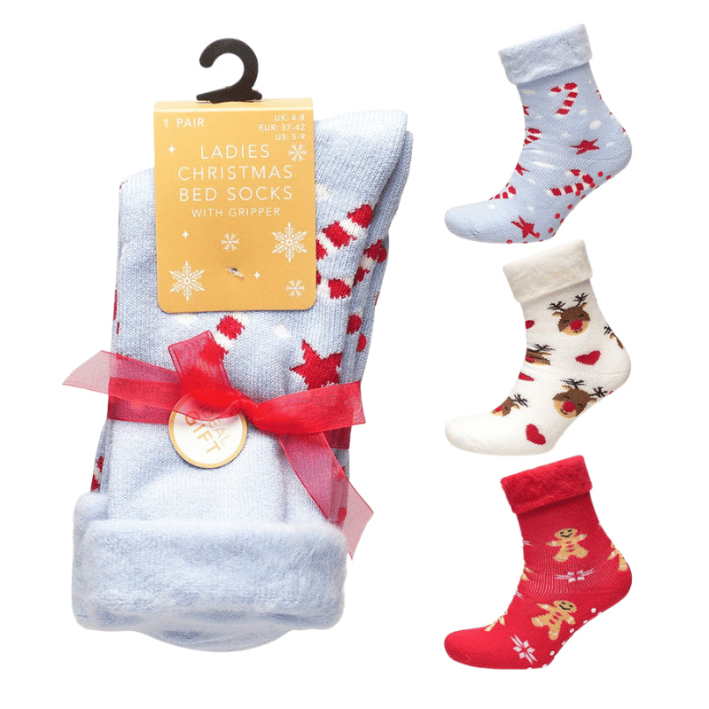 Ladies Christmas brushed bed socks with grippers.
