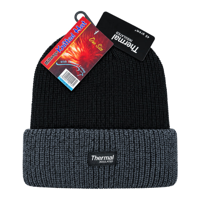 Men’s thermal insulated black knitted hat with grey turn up.
