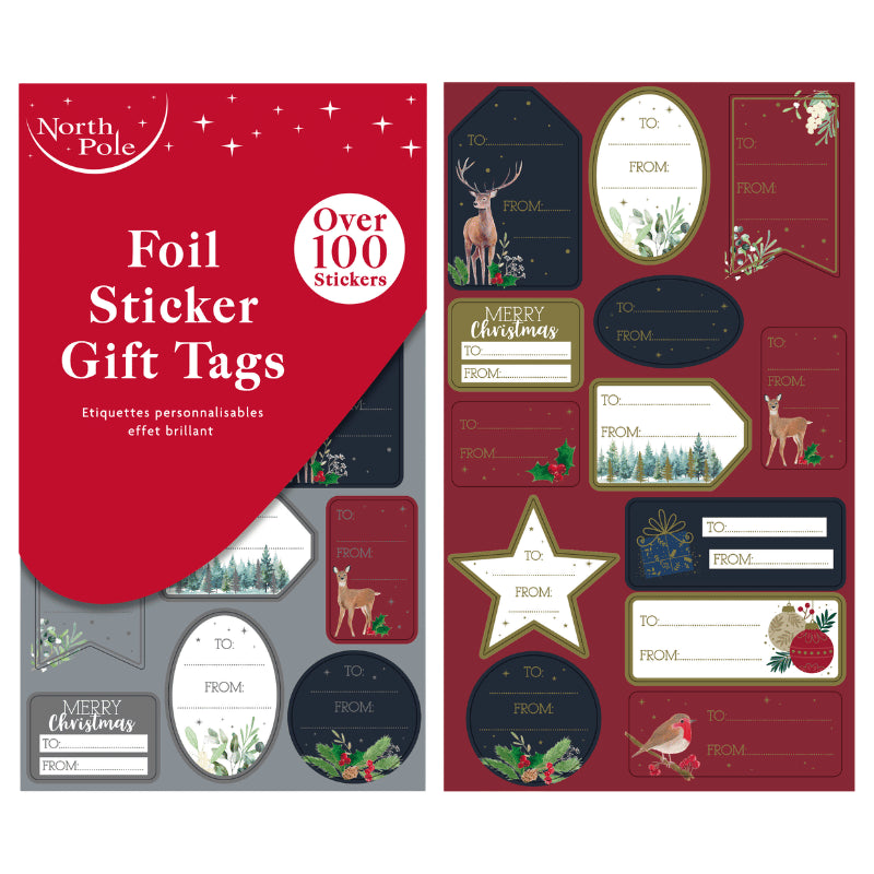 Foil sticker Christmas gift tags 100 pack - traditional.