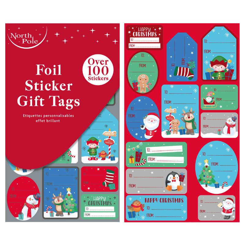 Foil sticker Christmas gift tags 100 pack - cute.
