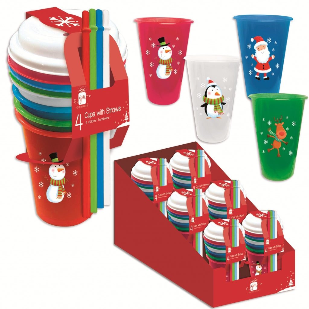 Christmas cups with lids and straws 4 pack