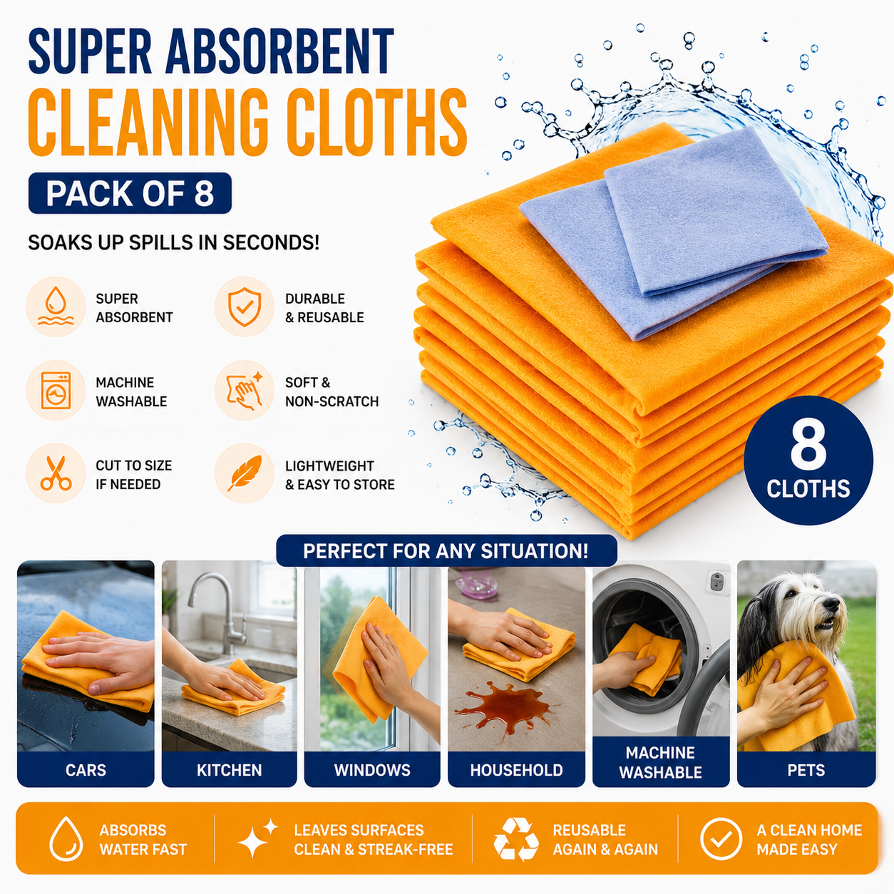 Super absorbent multi-purpose cleaning cloths 8 pack