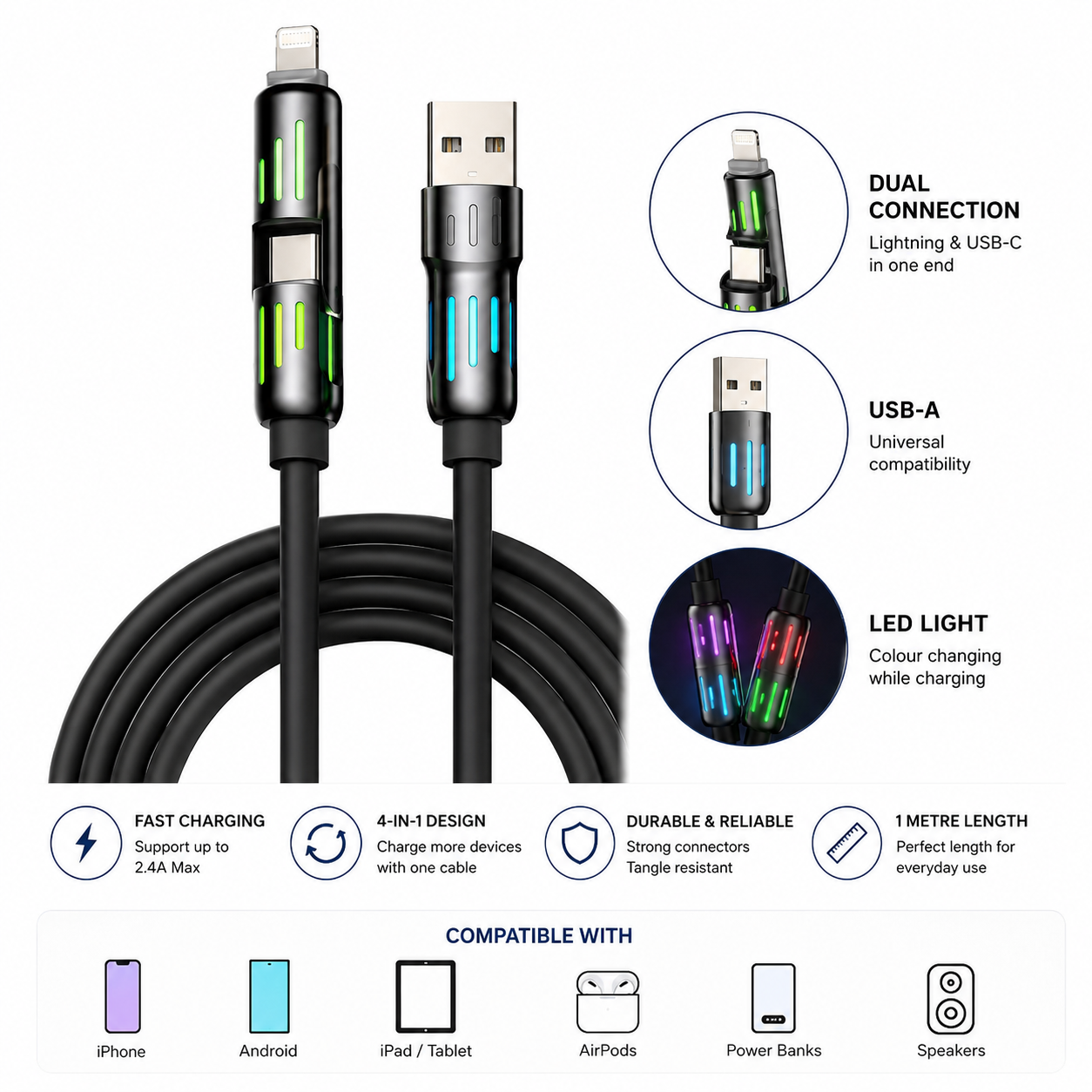 4-in-1 LED charging cable