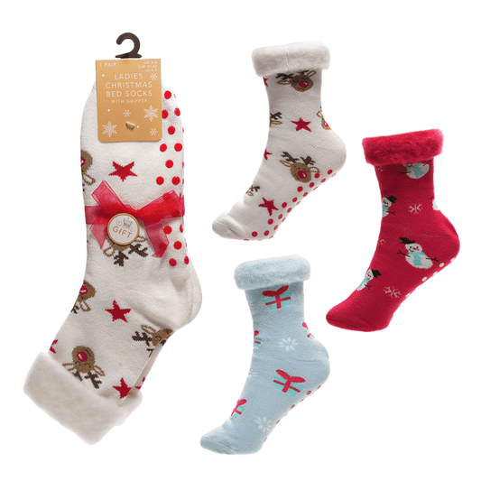 Ladies Christmas brushed bed socks with grippers