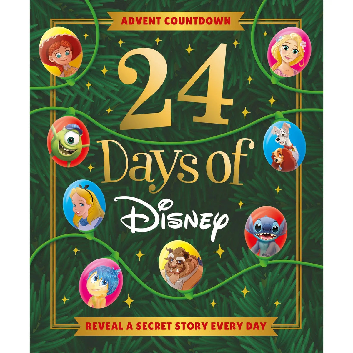 Green and gold 24 Days of Disney advent countdown cover featuring Disney and Pixar characters