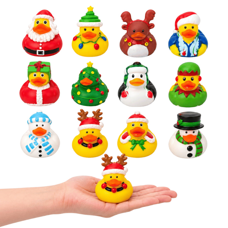 Assorted Christmas character ducks with a hand demonstration showing their size