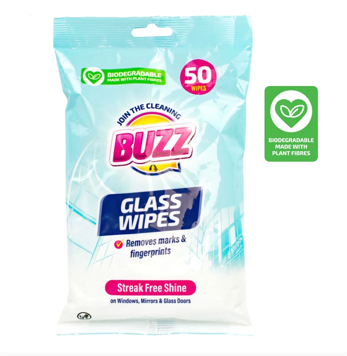 Buzz biodegradable glass wipes 50 pack