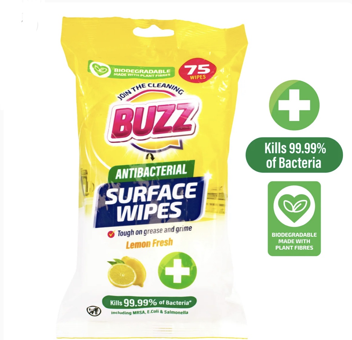 Buzz biodegradable all purpose anti-bac wipes 75 pack - lemon fresh