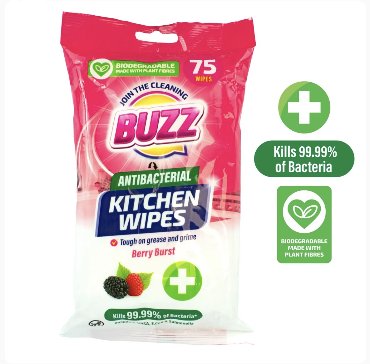 Buzz biodegradable kitchen anti-bac wipes 75 pack - berry burst