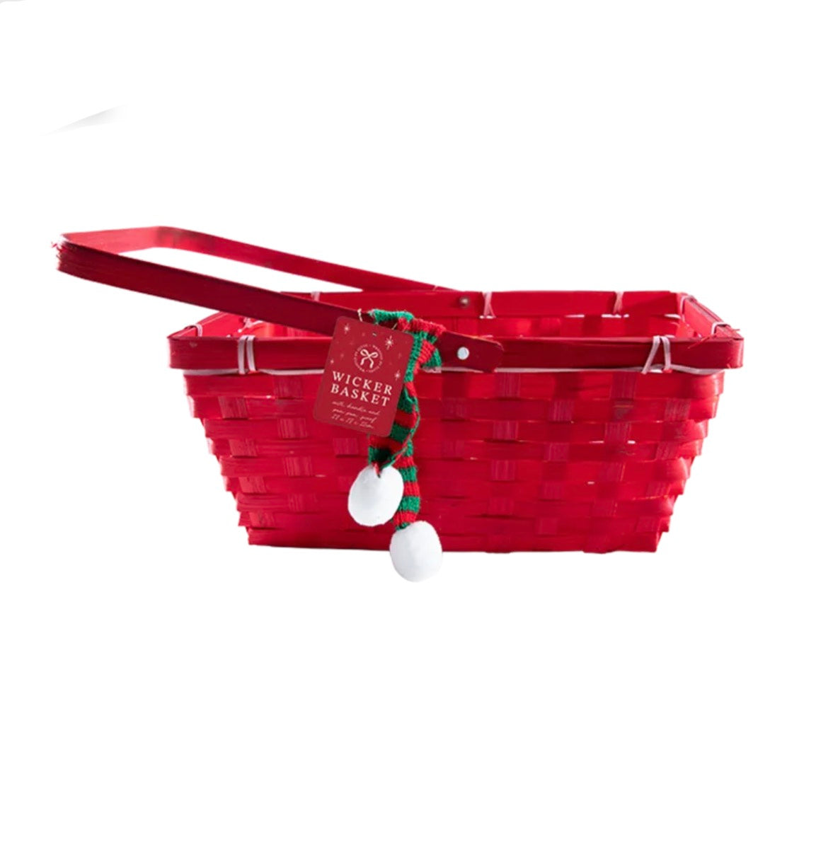 Christmas wicker basket with handle and pom pom scarf