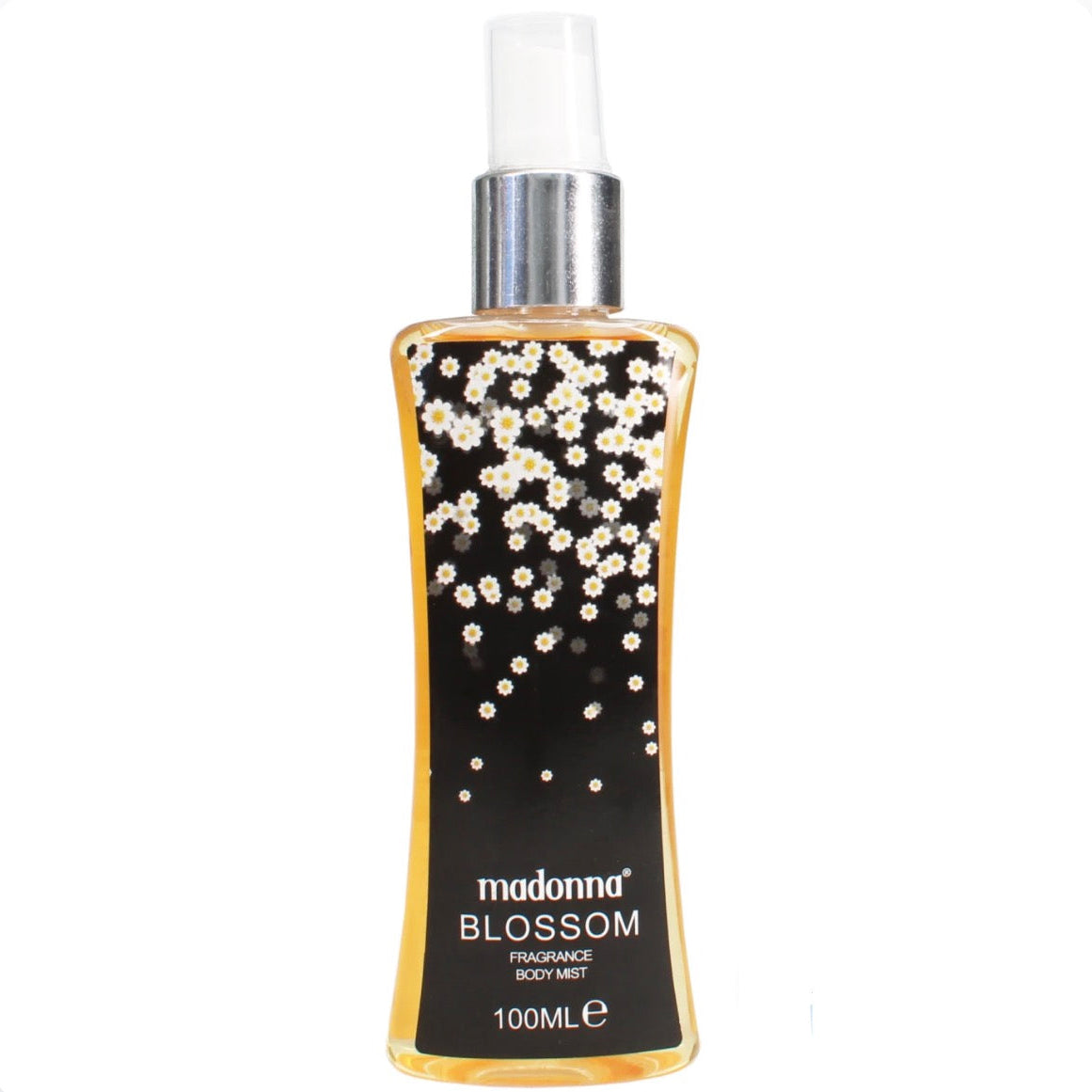 A 100ml bottle of Madonna Blossom Fragrance Body Mist. The bottle is clear, showing a golden-yellow liquid inside, decorated with a black label featuring a pattern of small white daisies on a black background.