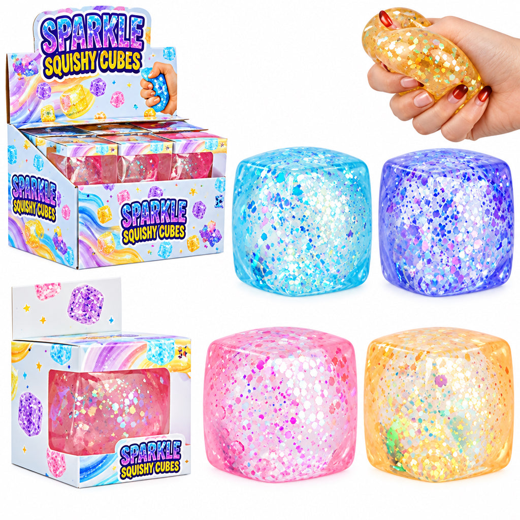 Six square glittery squishy cubes in pastel colors shown on a white background, with two retail boxes labeled 'Sparkle Squishy Cubes' and a hand holding one cube at the top right.