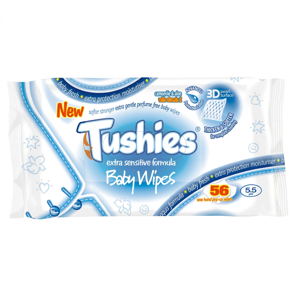 Pack of Tushies baby wipes with blue and white design