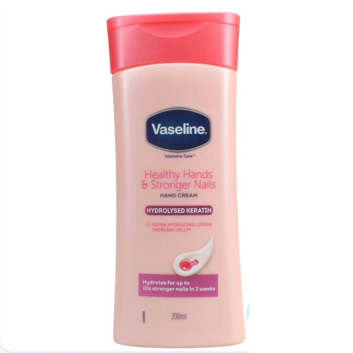Vaseline Healthy Hands & Stronger Nails Hand Cream in a 200ml pink bottle with a coral cap, shown on a plain white background.