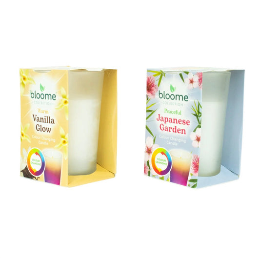 Bloome colour changing glass candles in Vanilla Glow and Japanese Garden