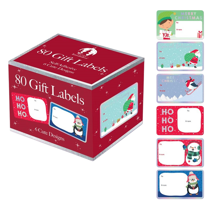 Box of 80 cute Christmas gift labels in six festive designs