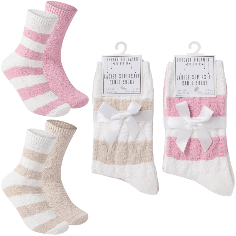 Cable knit thermal socks 2 pack in pink and tan