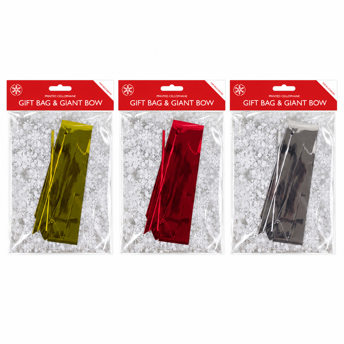 Christmas snowflake cellophane gift bag and giant bow in gold, red and silver