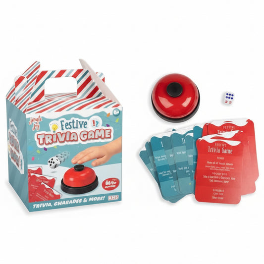 Christmas festive trivia game with bell, die and cards
