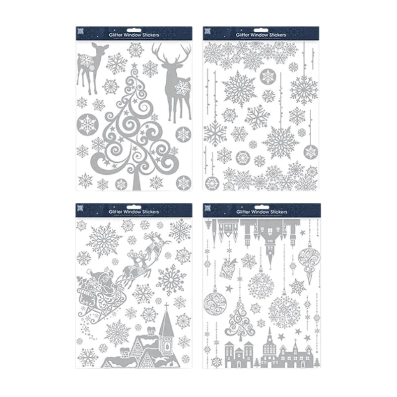 Christmas silver glitter window stickers in four designs