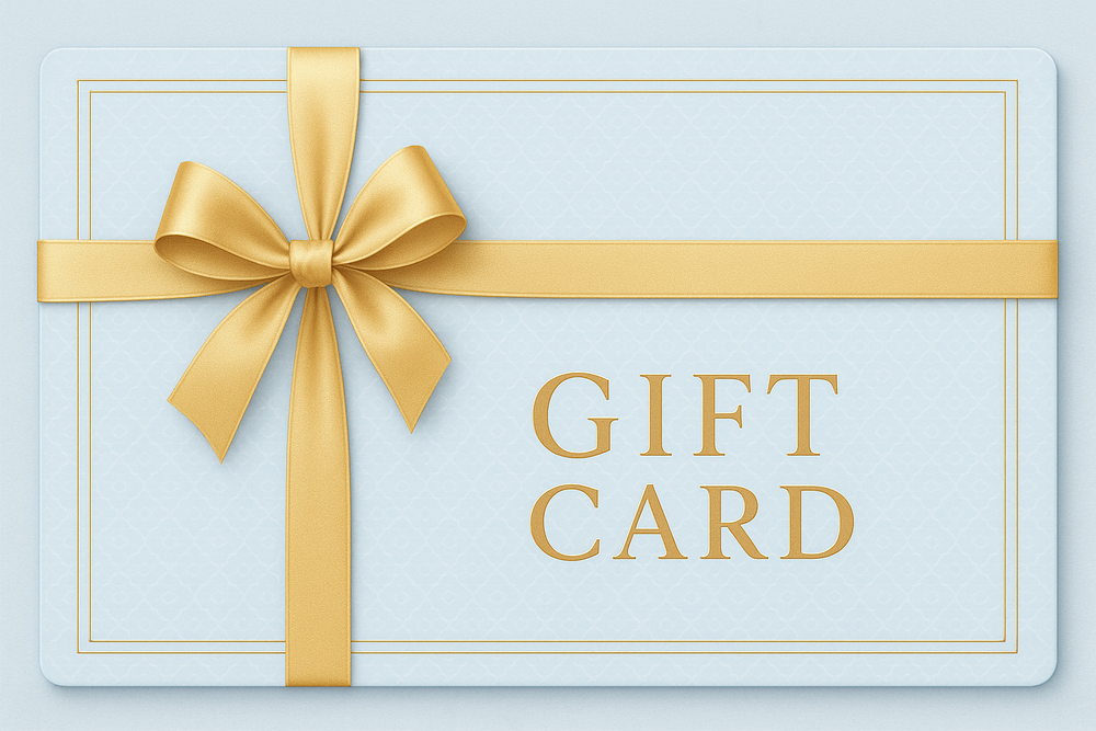Elegant gift card design with light blue and gold accents