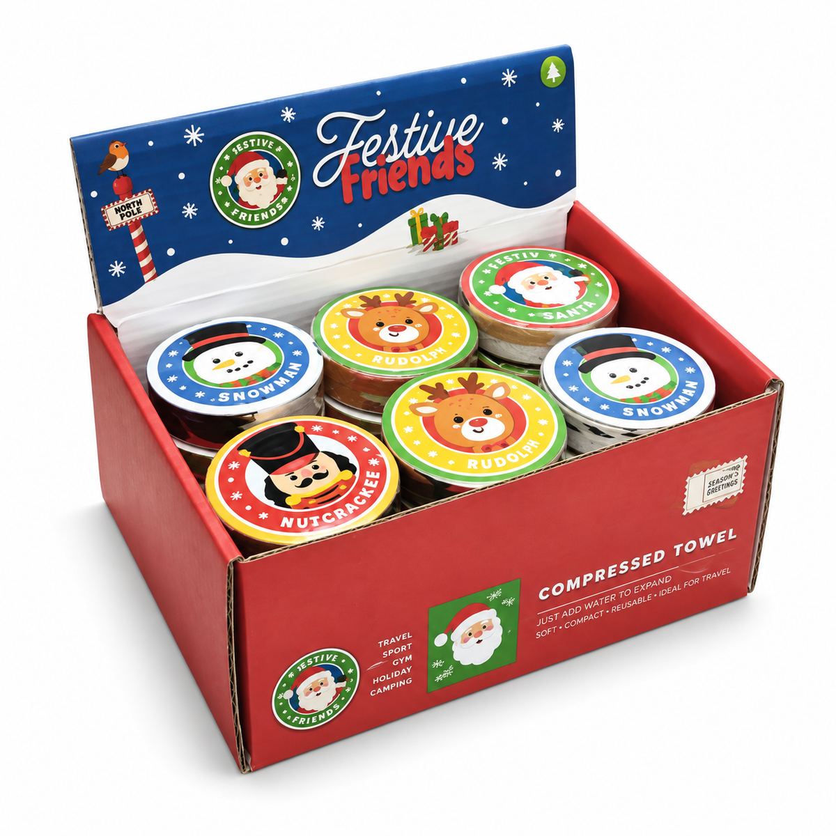Four assorted festive compressed towel designs; sold individually, display box not included