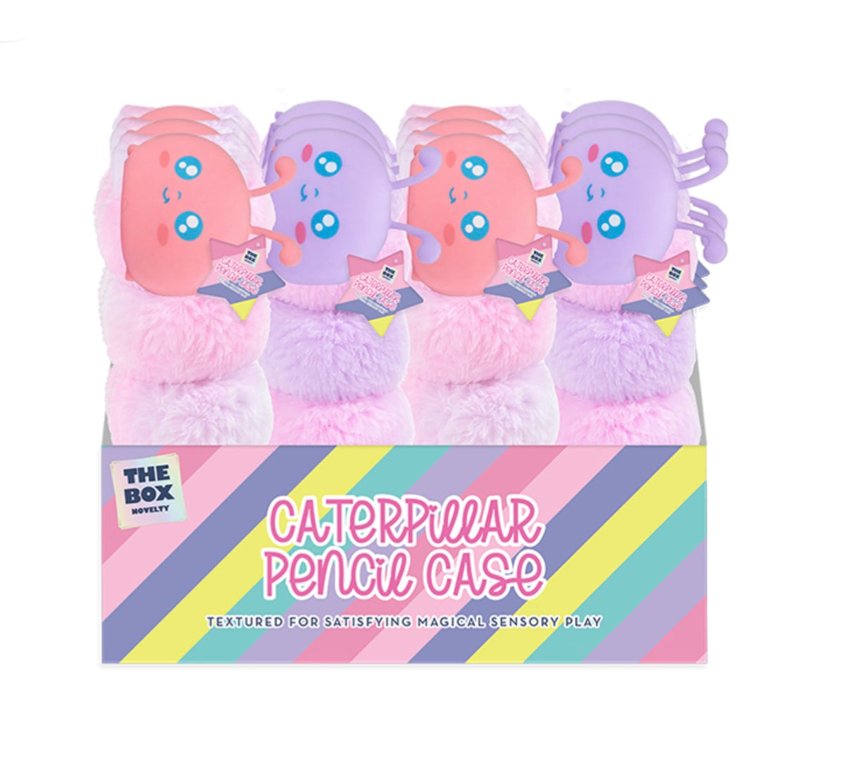 Fluffy caterpillar pencil cases in pink and purple
