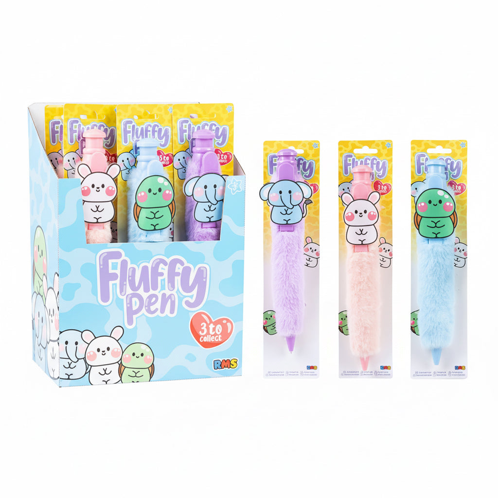 Giant fluffy pens in purple elephant, pink bunny and blue turtle designs