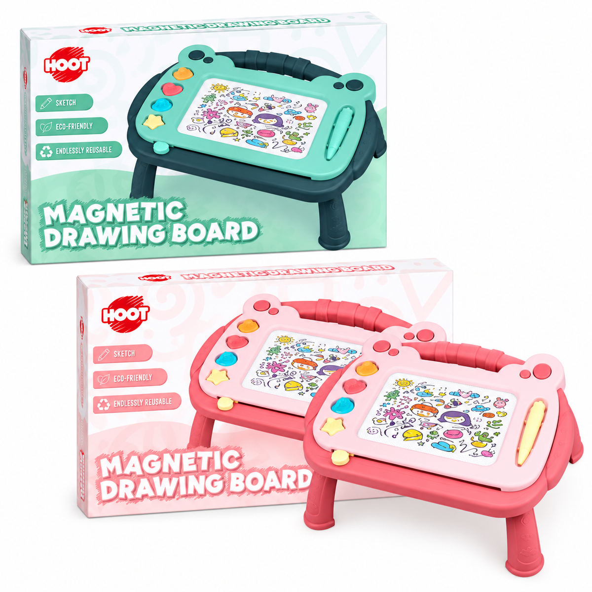 Hoot magnetic drawing board tables in green and pink