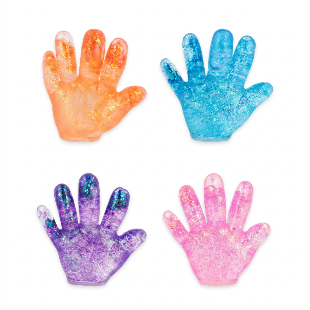 Orange, blue, purple and pink glitter-filled hand-shaped squishy toys on a white background