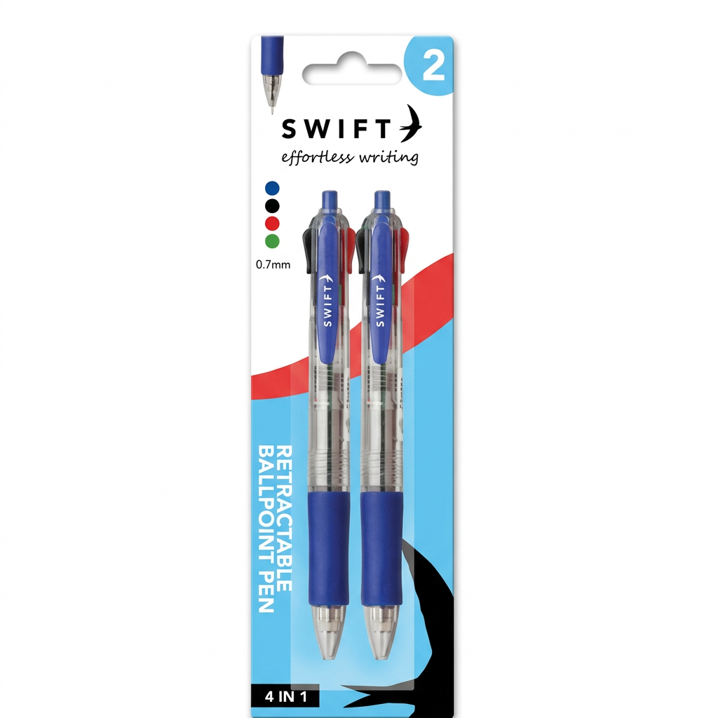Swift retractable 4-colour ballpoint pens 2 pack.