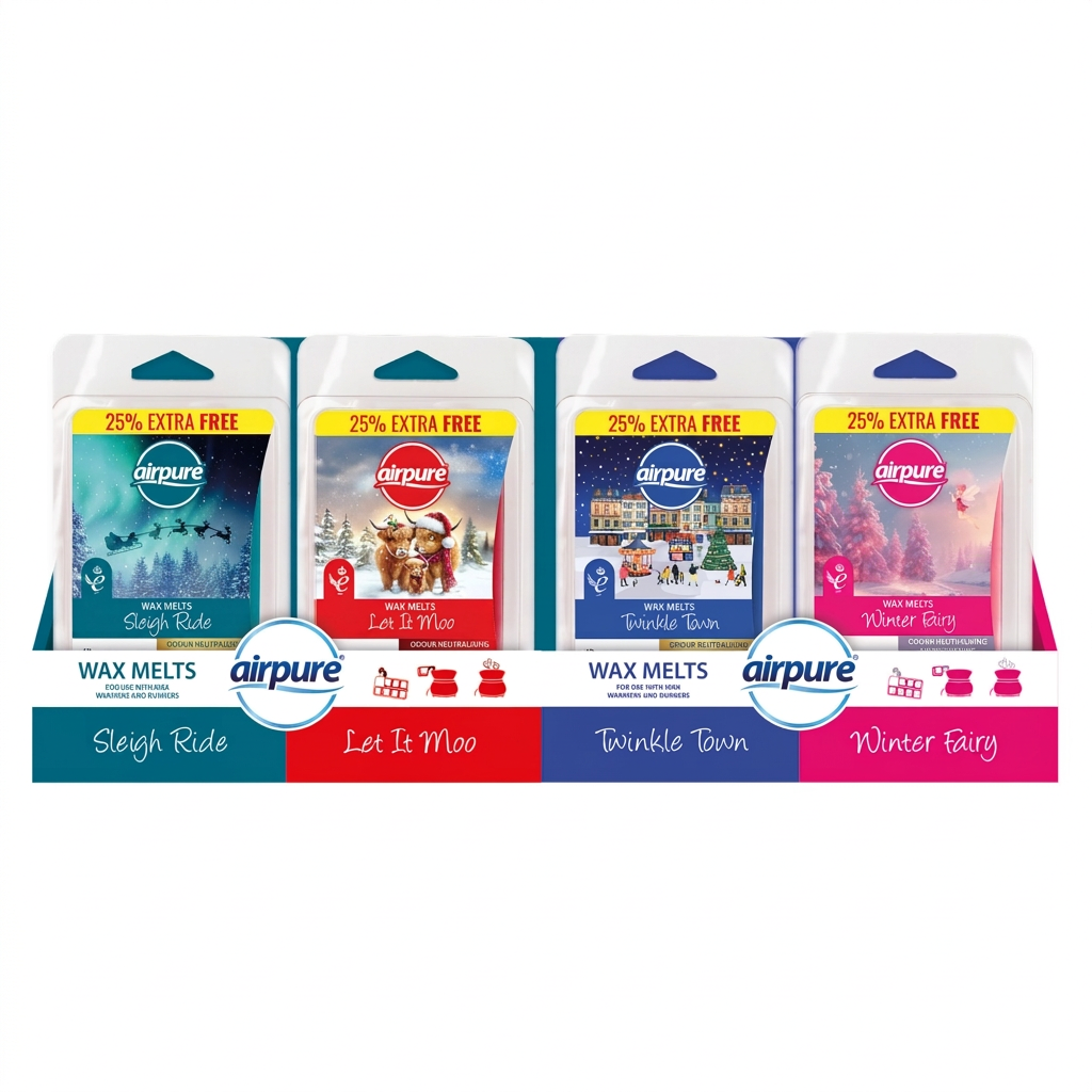 Airpure festive wax melts display showing Sleigh Ride, Let It Moo, Twinkle Town and Winter Fairy on white