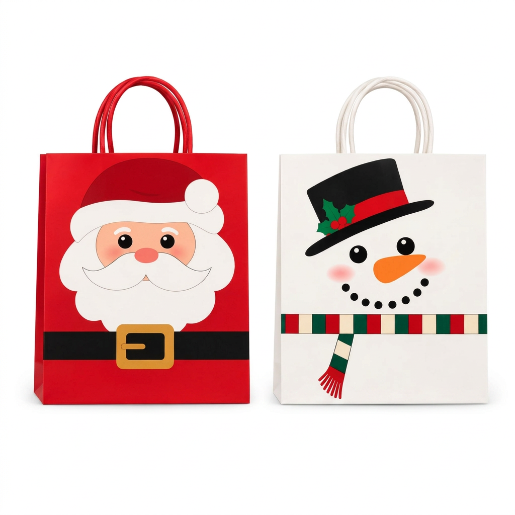 Santa and snowman Christmas gift bags on a square white background