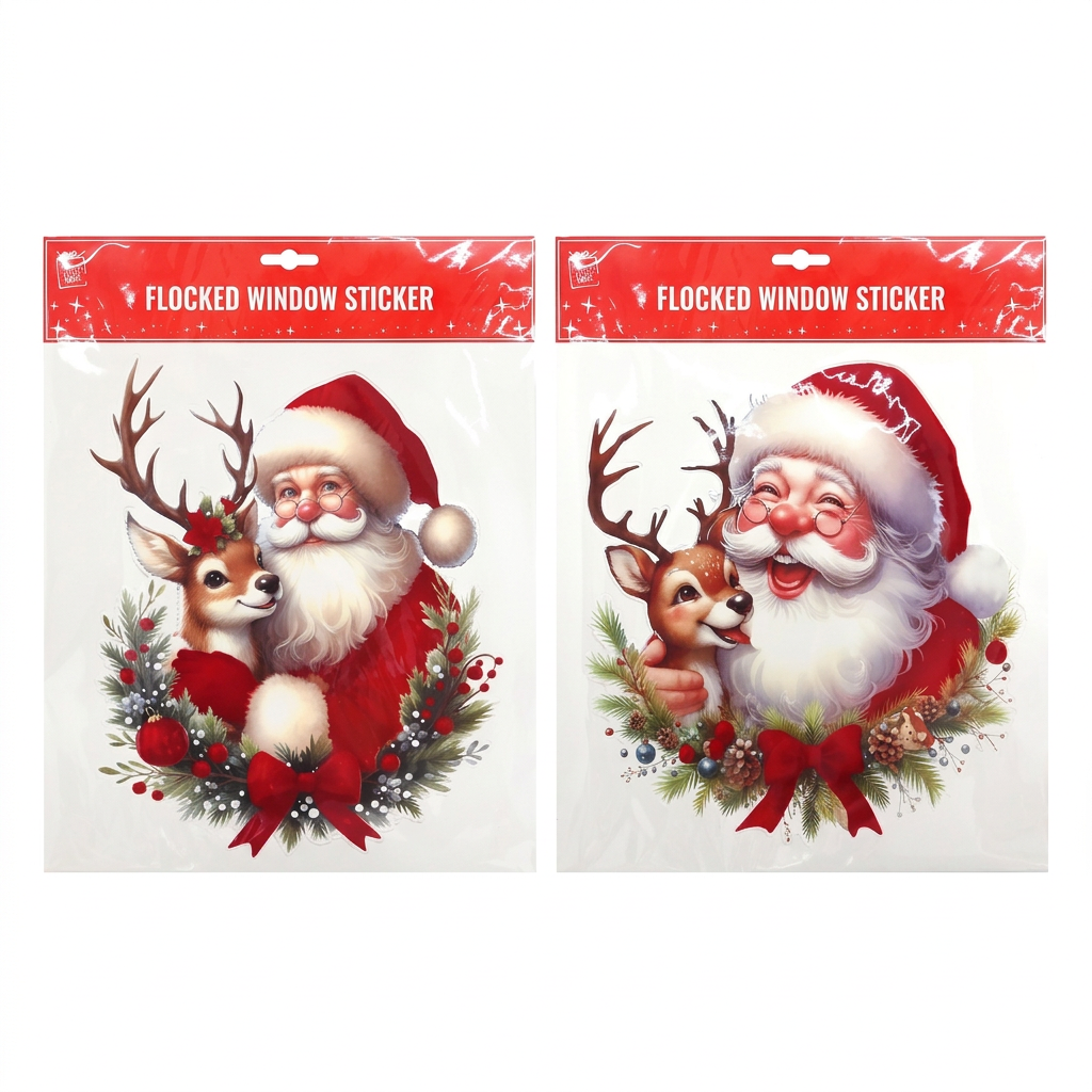 Two packaged Christmas flocked window sticker designs featuring Santa and reindeer with festive foliage and red bows