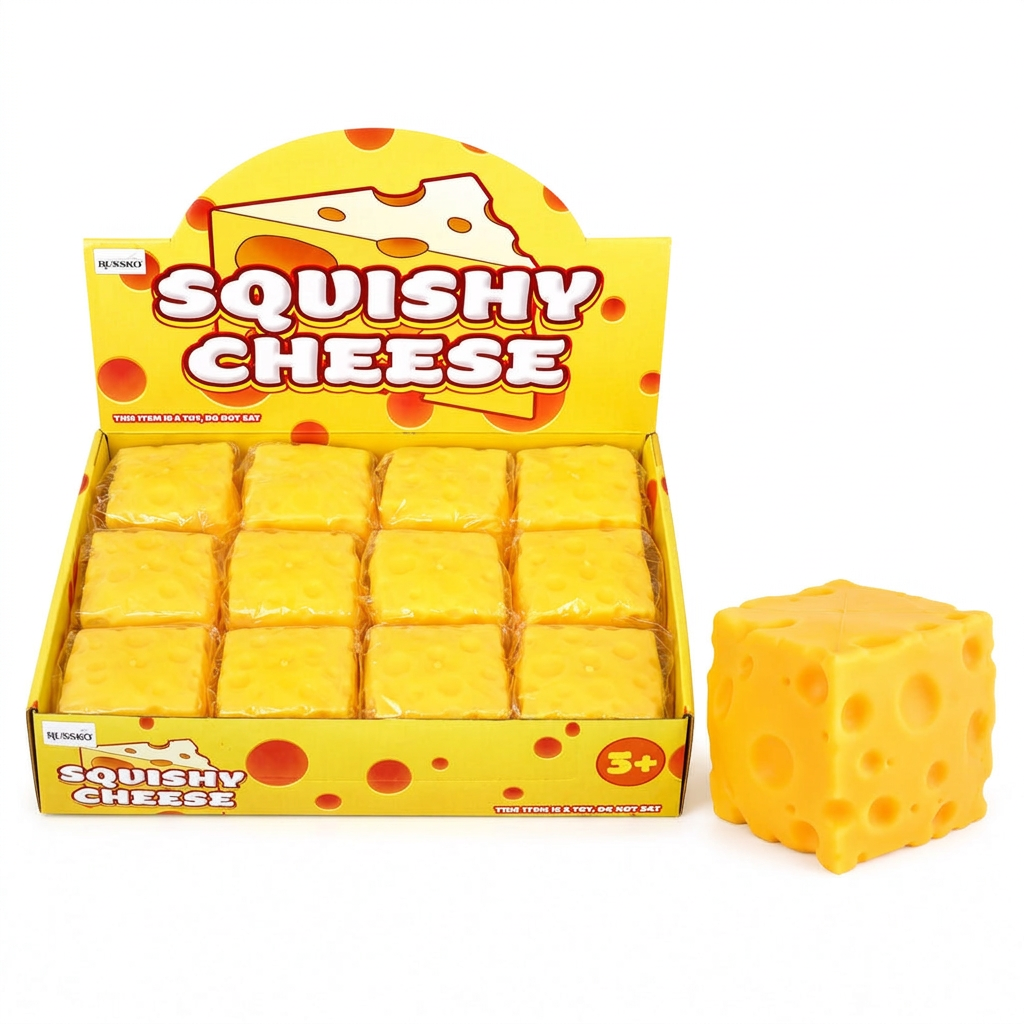 Yellow squishy cheese toy and display packaging on a square white background