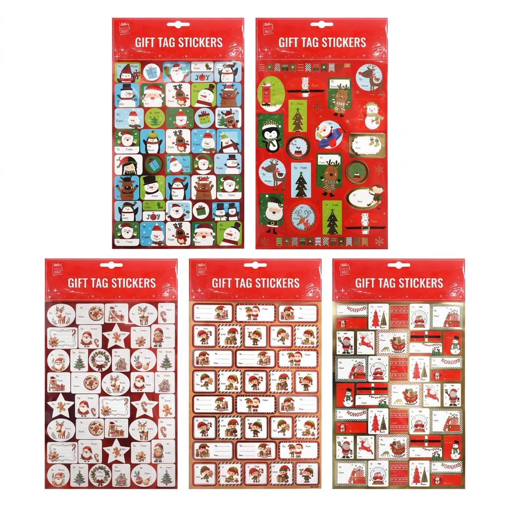 Assorted Christmas gift-tag sticker sheets on a square white background