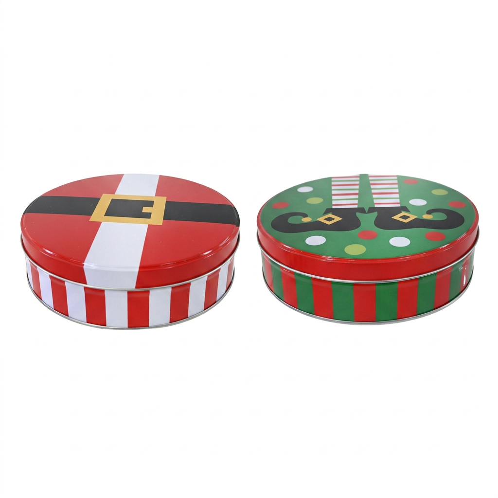 Christmas cookie tins with Santa and elf designs on a square white background