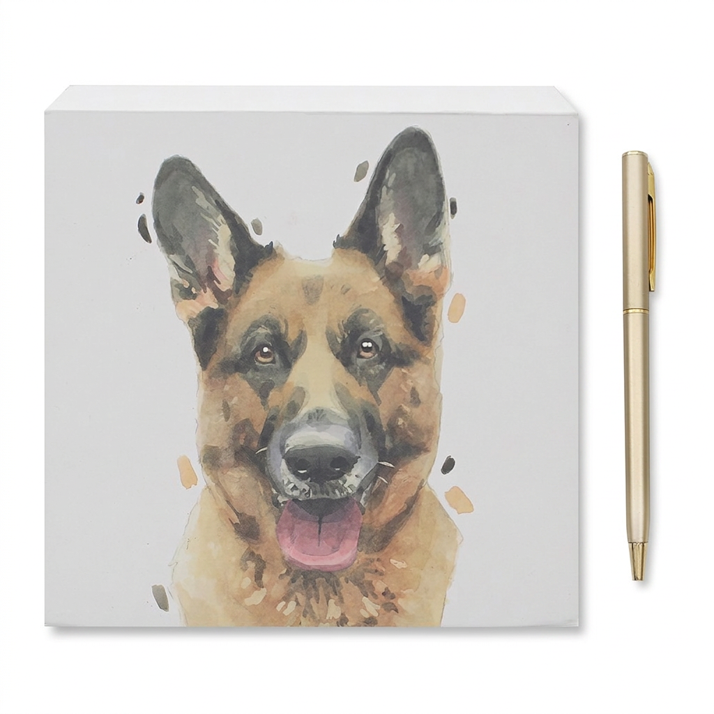 German shepherd portrait notepad beside a gold-coloured pen on a white background