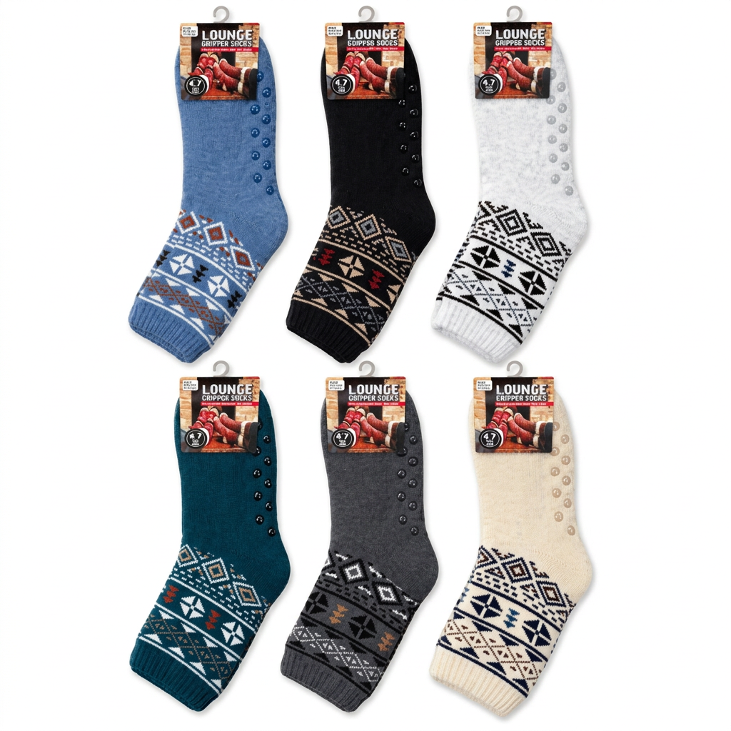 Men’s Sherpa lined snowflake lounge socks with grippers.
