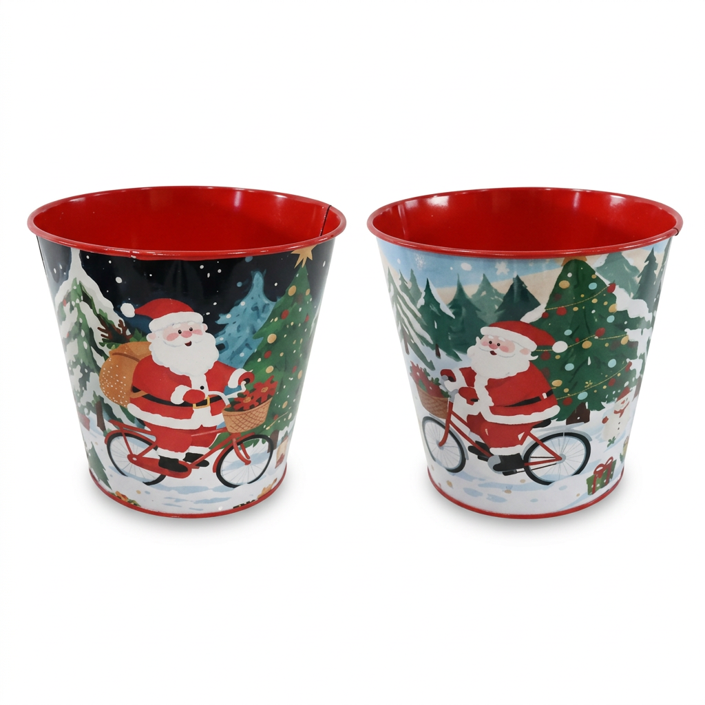 Christmas Santa metal buckets with red interiors and snowy woodland designs on a white background